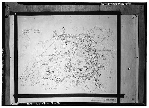 Map of ultimate layout of Greenbelt, Maryland. A model community planned by the Suburban Resettlement Division of the United States Resettlement Administration. Map of the ultimate layout of the project