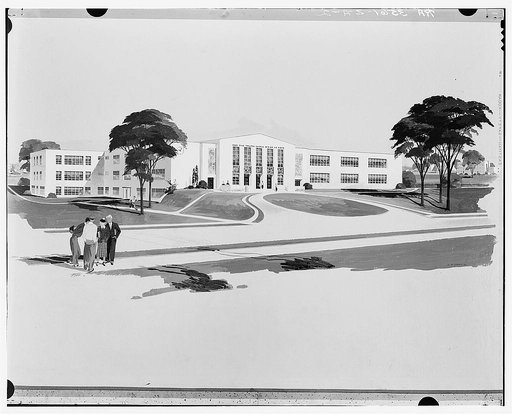 Drawing of community building. Greenhills project, Ohio