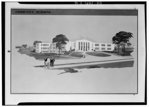 Drawing of community building. Greenhills project, Ohio