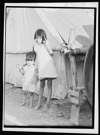 Migrant Mexican children in contractor's camp at time of early pea harvest. Nipomo, California
