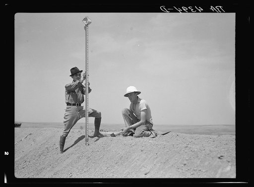 Surveyors on a stock water dam. Dawes County, Nebraska