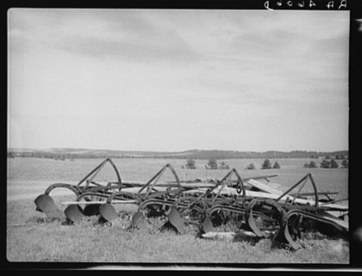 Gang plow of type that broke up forest land for farming. Pine Ridge project, Nebraska