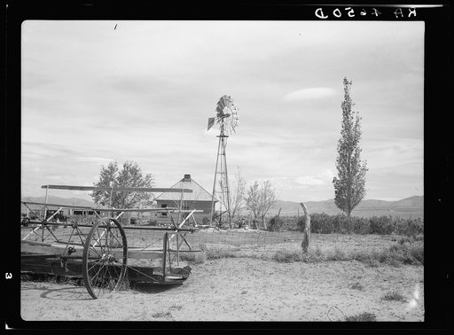 Back to grazing. The tract on which these buildings stand should never have been farmed, but it took protracted drought to drive that lesson home. This land is now under option by the Resettlement Administration which intends to convert it into a large grazing area. Oneida County, Idaho