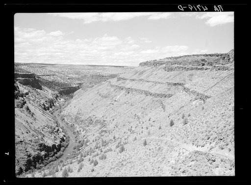 The Deschutes River, like many of the other rivers in the arid portion of central Oregon, is at the bottom of a steep canyon. Stock trails have been built by Resettlement Administration workers to make the water available to cattle