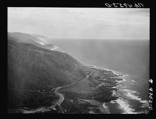 The highway along the Oregon coast should bring many to enjoy the cool forest and ocean. Resettlement Administration work camp at left