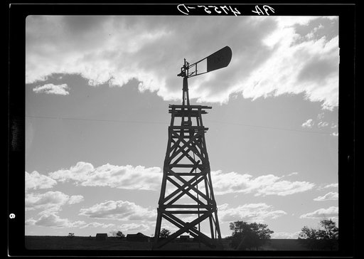 A broken-down windmill on a ranch bought by Resettlement Administration as a part of the Central Oregon grazing project. The extreme depth of these wells made many of them impractical