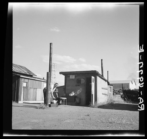 Hooverville shack with outdoor store. This man obtains seasonal employment in the Yakima and Willamette fruit orchards. Oregon