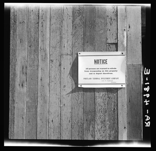 Notice on shacks at Hooverville. Portland, Oregon