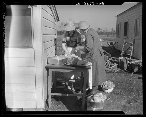 Mrs. C.D. Grant and neighbor making pork sausage. Penderlea Farms, North Carolina