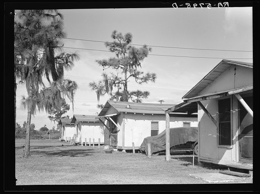 Housing in a tourist camp occupied by migrant citrus workers. Many migrants, who cannot afford to rent such houses, live in tents or in crude homemade trailers. Winterhaven, Florida