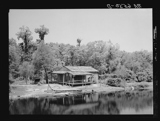 Palm house and shacks along drainage canal near Hammond, Louisiana. Some miles north of New Orleans