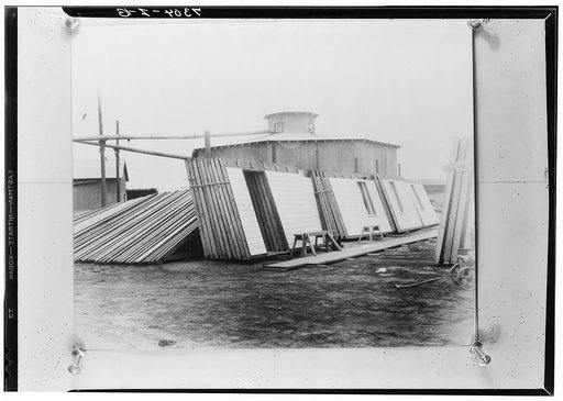 Prefabricated sections stacked and ready to be loaded in trucks and hauled to building sites. La Forge, Missouri