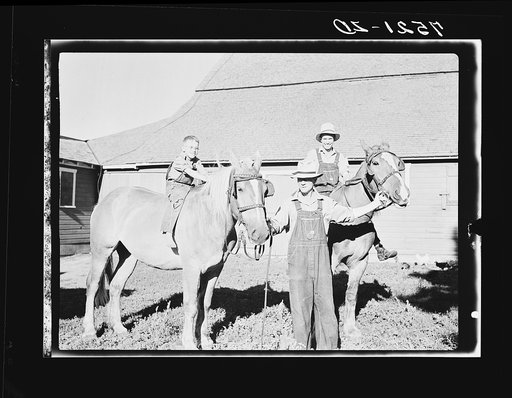 Clarence Thornton, Farm Security Administration borrower, and sons Darrel and Dale, with team of horses. Story County, Iowa