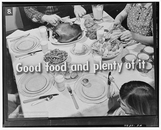 How would you like to be invited to dinner with this family? You would have baked ham, home-canned green beans, potatoes boiled in their jackets, mixed vegetables, salad, milk, biscuits with butter, and custard. A well-balanced meal supplied from the farm. Farmers' families everywhere can have meals