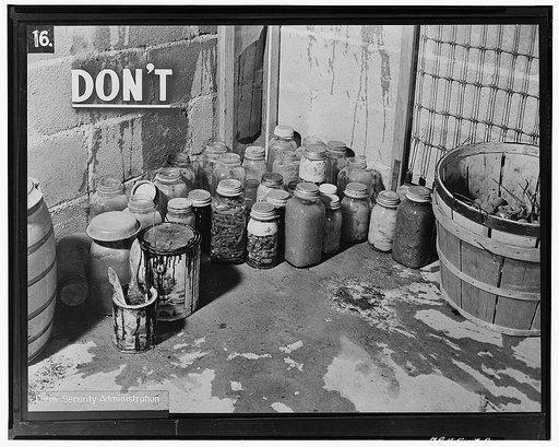 This wet cellar is a poor place for canned foods. The air must be moist, to keep vegetables and fruits from shrivelling, but there should be no water standing on the floor or seeping through the walls. Molds will grow in a place like this when the weather is warm
