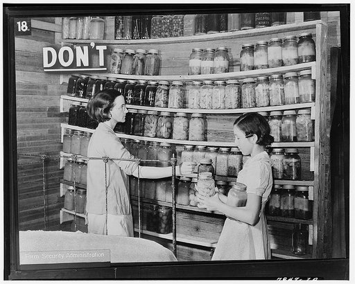 If these sagging shelves should break--you can almost hear the crash! This important part of the winter's food supply would be lost. And these shelves are so narrow that the jars could be knocked off easily. The jars will collect dust and they get too much light. A poor storage place!