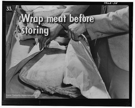 After curing, wrap the meat in heavy, clean wrapping paper--not newspaper. This helps to keep out the insects, and takes up the grease. Wrap the meat well, with extra paper at the bottom, where more grease is likely to soak through when the meat is hanging
