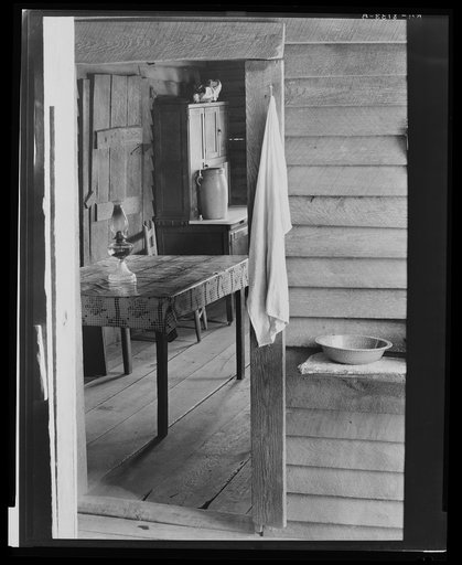 Washstand in the dog run and kitchen of Floyd Burroughs' cabin. Hale County, Alabama