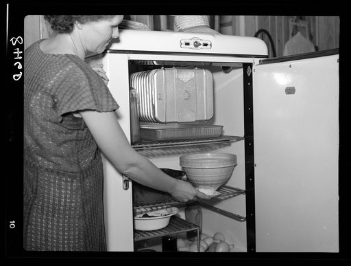 Mrs. Foster at her electric refrigerator. Irwinville Farms, Georgia