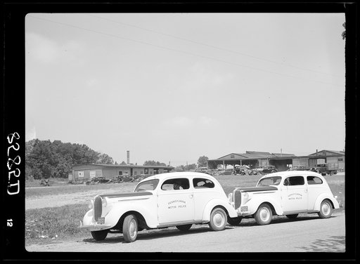 Pennsylvania motor police on duty at the King Farm during the strike of workers against seventeen cents an hour wages. Near Morrisville, Pennsylvania