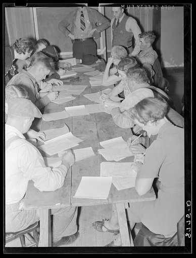 Rehabilitation clients working out farm and home plans at group meeting. York, Nebraska