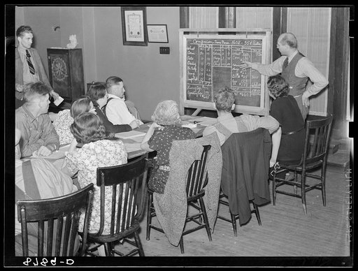 Meeting of Farm Security Administration rehabilitation clients who work out farm and home plans with help of county supervisor and home supervisor. York, Nebraska