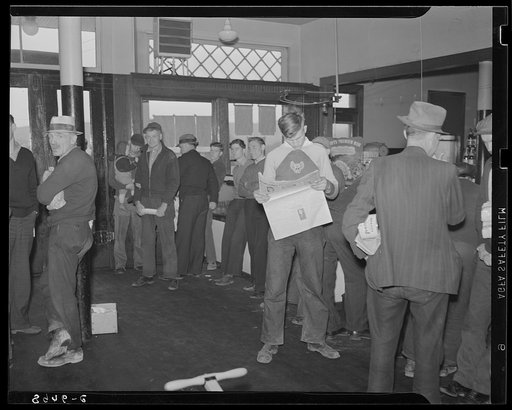 Coal miners hanging around company store during strike. Kempton, West Virginia