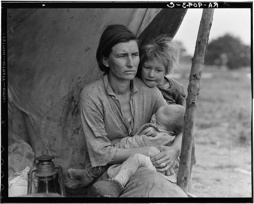 Migrant agricultural worker's family. Seven hungry children. Mother aged thirty-two. Father is a native Californian. Destitute in pea picker's camp, Nipomo, California, because of the failure of the early pea crop. These people had just sold their tent in order to buy food. Of the twenty-five hundre