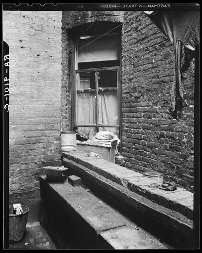 One of the rear windows, tenement dwelling of Mr. and Mrs. Jacob Solomon, 133 Aveue D, New York City. The Solomon family are on the accepted list for resettlement at Hightstown, New Jersey
