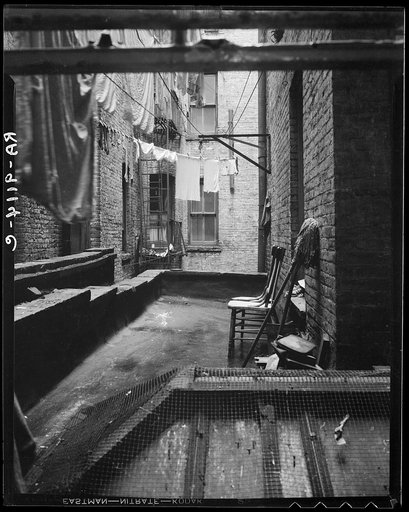 Out of rear window tenement dwelling of Mr. and Mrs. Jacob Solomon, 133 Avenue D, New York City. The Solomon family are all on the accepted list for resettlement at Hightstown, New Jersey