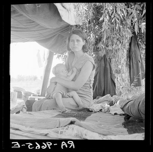 Drought refugees from Oklahoma camping by the roadside. They hope to work in the cotton fields. The official at the border (California-Arizona) inspection service said that on this day, August 17, 1936, twenty-three car loads and truck loads of migrant families out of the drought counties of Oklahom