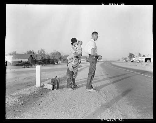 Example of self-resettlement in California. Oklahoma farm family on highway between Blythe and Indio. Forced by the drought of 1936 to abandon their farm, they set out with their children to drive to California. Picking cotton in Arizona for a day or two at a time gave them enough for food and gas t