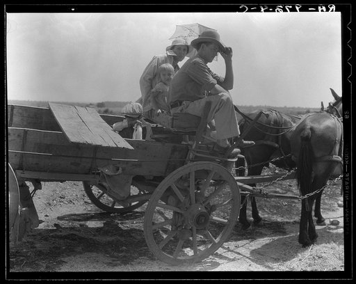 Oklahoma roadside encounter day laborers. "After three years, dry years, not a thing a fellow like me can do. I'd get out and go to California like the rest of them if I could get ahold of some money and get shed of my cows. Ain't done a day's work in four months" (cut off relief April 1, 1936)