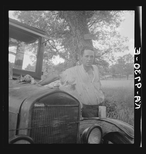 Oklahoma migrant, Texas. An example of how they fall between the relief agencies. The father, aged thirty-five, is an intelligent fellow, a painter by trade. Advanced tuberculosis, victim of an occupational disease. Ineligible for WPA (Works Progress Administration), rated as totally disabled. As a 