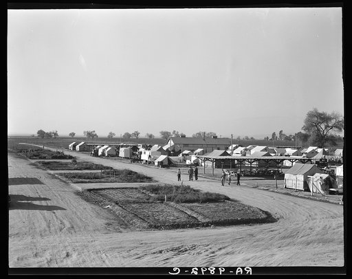 View of Kern County migrant camp showing community garden plots. California