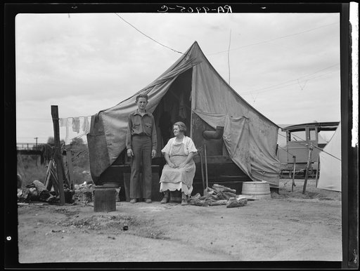 Part of migrant family of five encamped near Porterville, California, while waiting for work in the orange groves