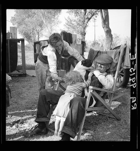 Destitute family. American River camp, Sacramento, California. Five children, aged two to seventeen years