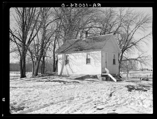 Two-room home of Clifford Blum farm, one hundred thirty acres. Rents farm from active farmer. Crop share lease, half corn, two-fifths small grains. Owner intends to add on to house next year. Buildings are kept up. Near Terril, Iowa