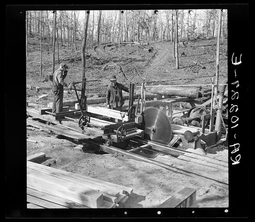 Cutting timber into boards at the country sawmill near Omaha, Illinois