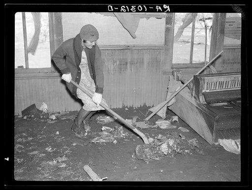 Woman shoveling silt and debris in flooded farmhouse. Note overturned piano. Posey County, Indiana