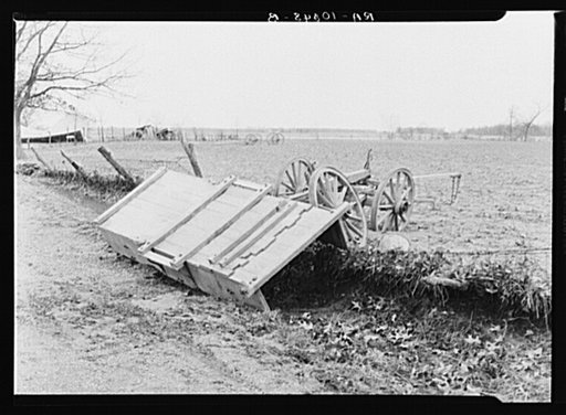 A wagon on Indiana farmland after the flood had passed over. Point Township, Posey County, Indiana