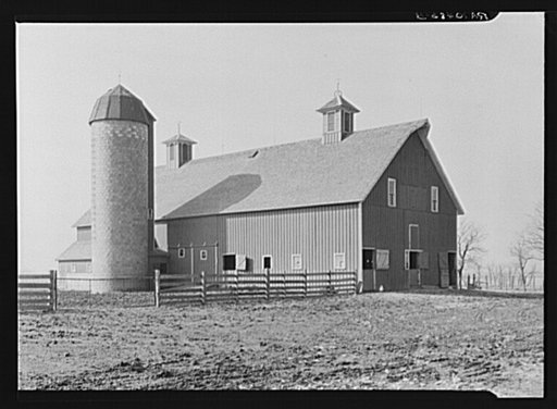 Barn and silo on the owner-operated farm of two hundred thirty acres belonging to Mary Lah, widow. This farm, which has carried a small mortgage since the depression, lies west of Fowler, Indiana, near the state line of Illinois
