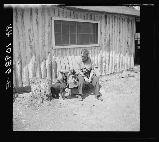Black Aleck Dickinson and his dog Snoop. Dickinson is a single shacker in Iron County, Michigan