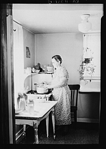 Homesteader canning vegetables in her new kitchen. Austin Homesteads, Minnesota