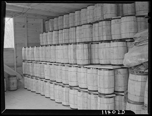 Washington, D.C. Construction of temporary war emergency buildings on the Mall, near 16th and 17th Streets, N.W. Nail kegs in contractor's store house