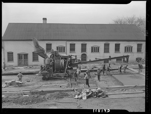 Washington, D.C. Construction of a bridge and road near Independence Avenue and 14th and 16th Streets, S.W. Large concrete mixer