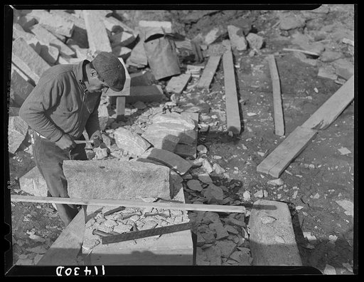 Washington, D.C. Construction of a bridge and road near Independence Avenue and 14th and 16th Streets, S.W. The blocks of rough stone are cut to fit by hand
