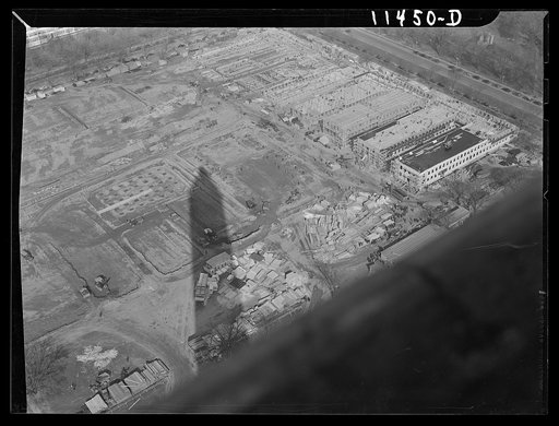 Washington, D.C. Construction of temporary war emergency buildings on the Mall, near 16th and 17th Streets, N.W. Construction seen from the top of the Washington Monument
