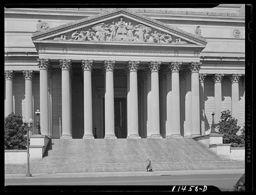 Washington, D.C. Main entrance to the National Archives of the United States on Constitution Avenue