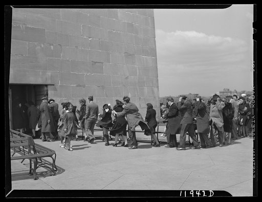 Washington, D.C. People waiting in line for the elevator to take them to the top of the Washington Monument